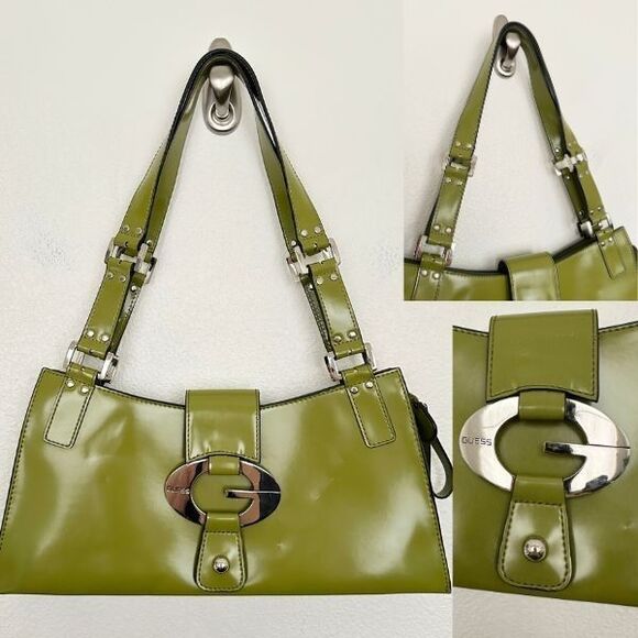 Guess Vintage Y2K Green Patent Leather Shoulder Bag G Logo Buckle Purse 2000s - Picture 1 of 15